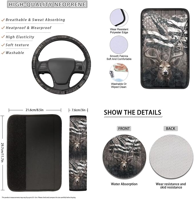 Lotusorchid 16 Pcs American Flag Deer Print Car Seat Covers Full Set with Steering Wheel Cover, Seat Belt Pad Center Console Cover Headrest Cover Gear Shift Knob Cover Car Coaster, Brown
