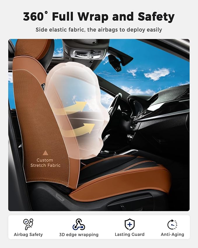 Huidasource Car Seat Covers Full Set, Luxury Faux Leather Seat Covers, Velcro Adjustable, with Airbags, Thinning Design Perforation Cooling＆Heating, Fit for Most Cars, Vans, Trucks, SUVs, Brown&Black