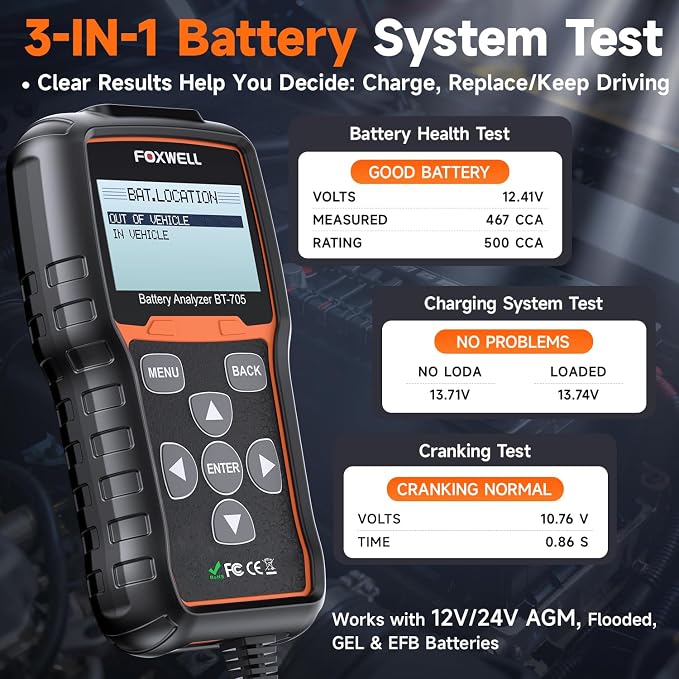 FOXWELL BT705 Car Battery Tester 24V 12V, Professional Alternator Tester, Automotive 100-2000CCA Load Tester, Digital Cranking Charging System Analyzer with High Accuracy for Trucks, RVs & Boats