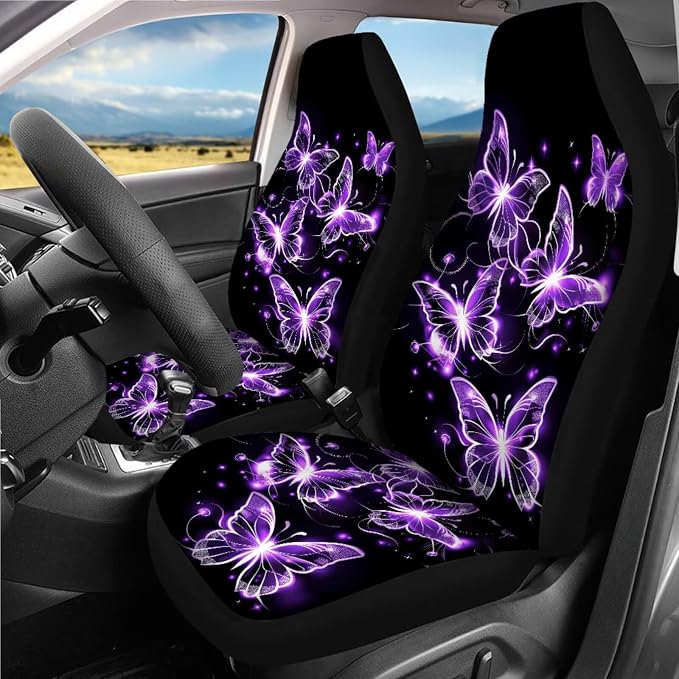 Butterfly Car Seat Covers Full Sets of 18 Pcs Purple Butterfly Car Interior Accessories Set with Steering Wheel Cover Car Trash Can Car Headrest Covers Belt Pads Cover Armrest Pad for Women