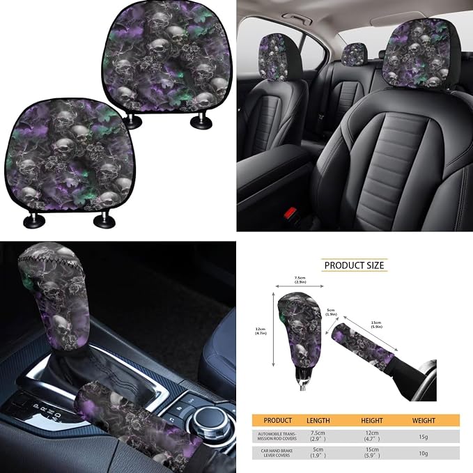Goth Skull Car Seat Covers Full Set 15 Pcs Universal Car Accessories Steering Wheel Cover Seat Belt Pads Garbage Bag Car Headrest Pillow Covers Armrest Pad