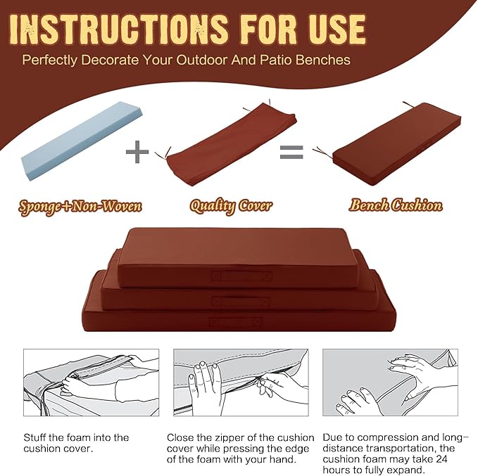 Outdoor Bench Cushion 4 inches Memory Foam Waterproof Patio Furniture Bench Cushion Porch Swing Cushion with Handle and Adjustable Strap, 36 x 18 Inch Terracotta