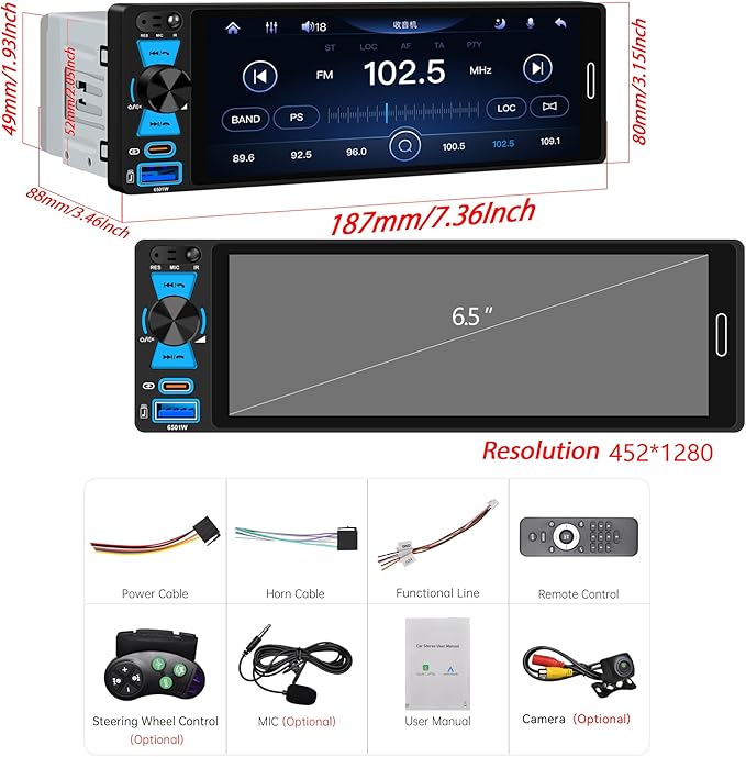 6.5" Single Din Car Stereo Wireless Apple CarPlay Android Auto, Car Radio Bluetooth 5.2, FM/AM/RDS, IPS HD Touchscreen, Type-C Fast Charging