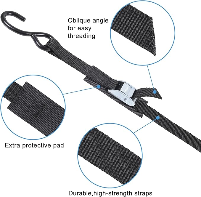 EXVITAL Tie Down Straps with Hook Cam Buckle Straps 1" x 12’ 1200lbs Break Strenght with Extra Soft Loops for Motorcycle, Kayak, ATVs, Dirt Bike, Truck, Car Black 4 Pack
