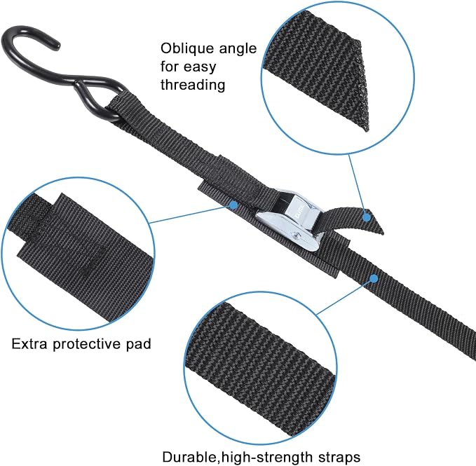EXVITAL Tie Down Straps with Hook Cam Buckle Straps 1" x 8’ 1200lbs Break Strenght with Extra Soft Loops for Motorcycle, Kayak, ATVs, Dirt Bike, Truck, Car Black 4 Pack