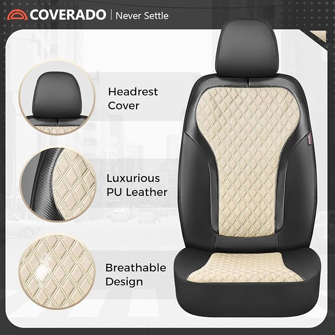 Coverado Front Seat Covers, 2-Pack Luxury Diamond Leather Car Seat Cover with Carbon Fibre Weave Design, Waterproof Car Seat Protectors, Black&Beige Driver Seat Covers Universal Fit for Cars Trucks