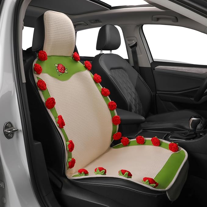 Universal Car Seat Covers, Handmade Floral Green & Red Rose Design Cushion, Cute Interior Seat Cover for Cars, SUVs & Trucks,Car Accessories Gift for Women (1-Piece)