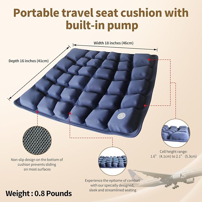 Inflatable Seat Cushion with Built-in Pump for Airplane Travel, Car & Office Chair - Portable Air Pad for Sciatica, Coccyx & Tailbone Pain Relief - 3D Air Cell Support for Long Sitting, 0.8lbs