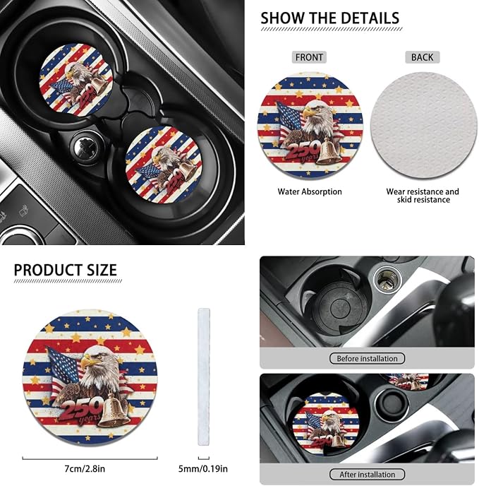 Wanyint 12 PCS Car Seat Cover Set, with Steering Wheel Seatbelt Strap Armrest Pad Handbrake Gear Shift Knob Cover Coasters US 250th Anniversary 4th of July Decor, American Flag Eagle Star Stripe
