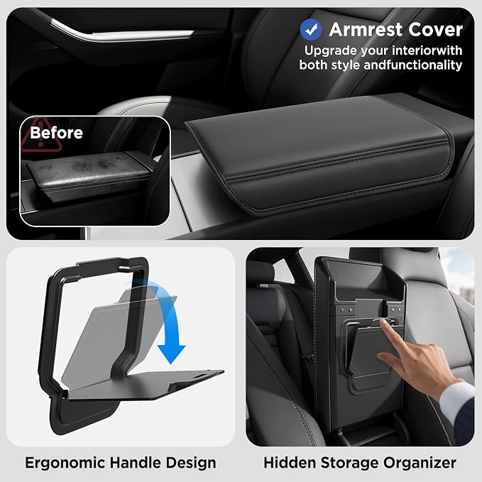 11PCS Center Console Organizer for Tesla New Model 3 Highland Under Center Armrest Storage Armrest Cover Hidden Storage Charger Pad for Tesla Model 3 Accessories 2024-2026 Black