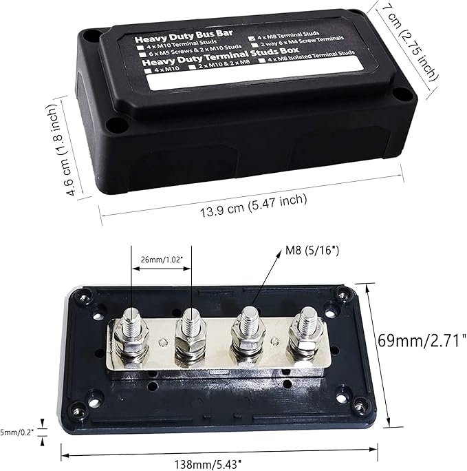 300A Bus Bar 12V Waterproof Marine Bus Bar Heavy Duty Module Design Power Distribution Block with 4 X M8(5/16") Terminal Studs Battery Bus Bar for Marine Car RV Truck Solar Systems (Black)