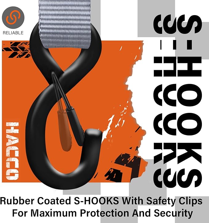 HACCOPLANET Ratchet Straps, 5280lb Break Strengeth, 1.6" Heavy Duty Ratchet Tie Down Strap Set w/Padded Handle, S Hook, Soft Loop for UTV Motorcycle Truck Cargo Straps (Grey, 8FT)