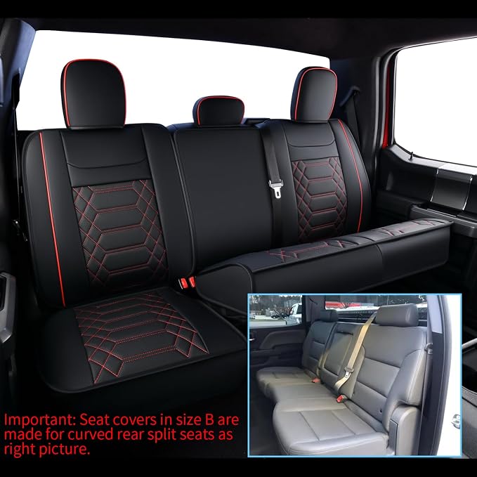 RISINGSTAR Silverado Sierra Faux Leather Seat Covers, Fit for 2014-2018 Chevy Silverado GMC Sierra 1500 and 2015-2019 2500HD 3500HD Crew Cab(Full Set, Black&Red)