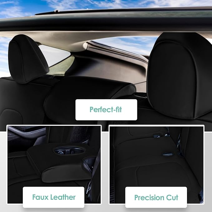 FH Group Custom Fit Car Seat Covers Specifically Made for 2020-2025 Tesla Model Y Faux Leather Water Resistant Automotive Seat Covers - Rear Set Black