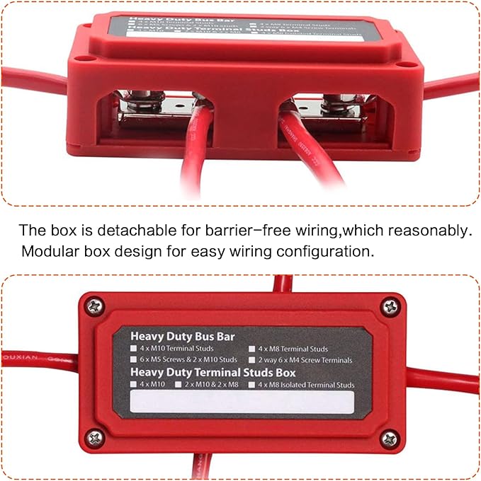 300A Bus Bar Box Heavy Duty Module Design Nickel Plated Brass Buss Battery Power Distribution 4xM8(5/16") Stainless Steel Terminal Studs Marine Ground DC12 24 48V（Red）