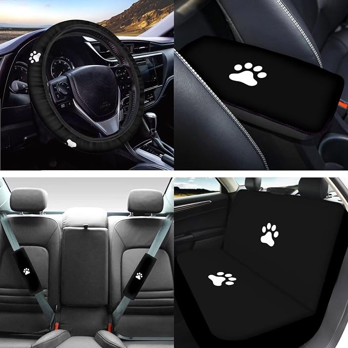 Mumeson Dog Paw Car Seat Covers Full Set with Car Seat Belt Shoulder Pads Non-Slip Steering Wheel Cover Armrest Cushion for Car Full Set of 8 Pieces Decor