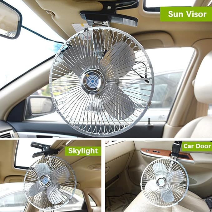 CYDZSW Car 12v Clip Fan,12 Volt DC 8 inch Large 360° Adjustment Metal Fans with Cigarette Lighter,90° Rotation Oscillating Clamp on Cooling Fan for Golf Cart,RV and Vehicles (8inch)