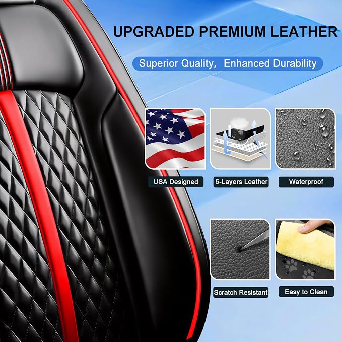 Fit STS Car Seat Covers (Front Pair) for Select Cadillac STS 2005-2011 - Premium Full Coverage Leather, Airbag Compatible & Scratch-Resistant, Waterproof & All Weather Seat Protector, Red Trim