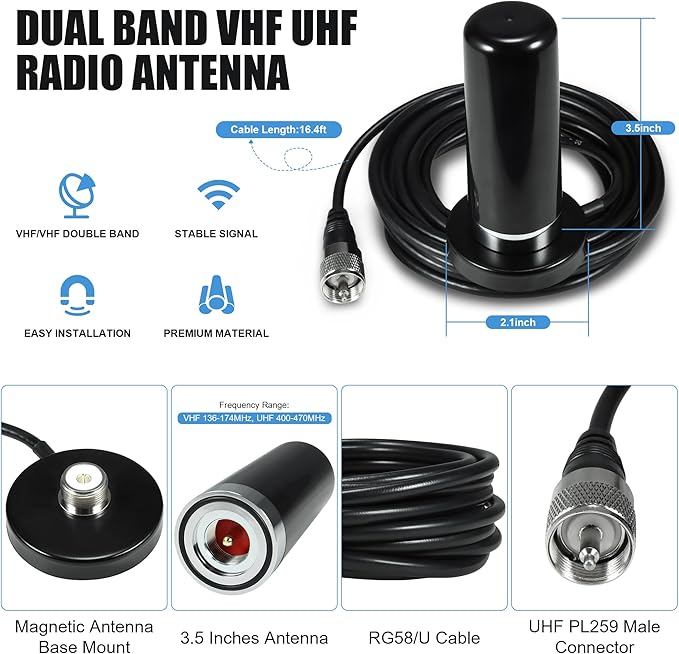 BASIKER 3 Inch Vehicle Mobile Ham Radio Antenna Dual Band VHF UHF 136-174MHz 400-470MHz, NMO Magnetic Base Mount SO239 PL-259 Plug 16.4ft RG58 Coaxial Cable, CB Radio Antenna Truck Car Accessories
