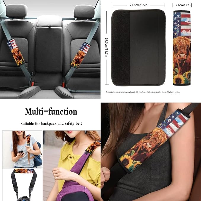 Highland Cow Sunflower American Flag Car Seat Cover Full Set 12 Pcs,Universal Fit 15 Inch Polyester Steering Wheel Cover Seat Belt Pads Armrest Cushion Keychain Car Coaster Automotive Interior