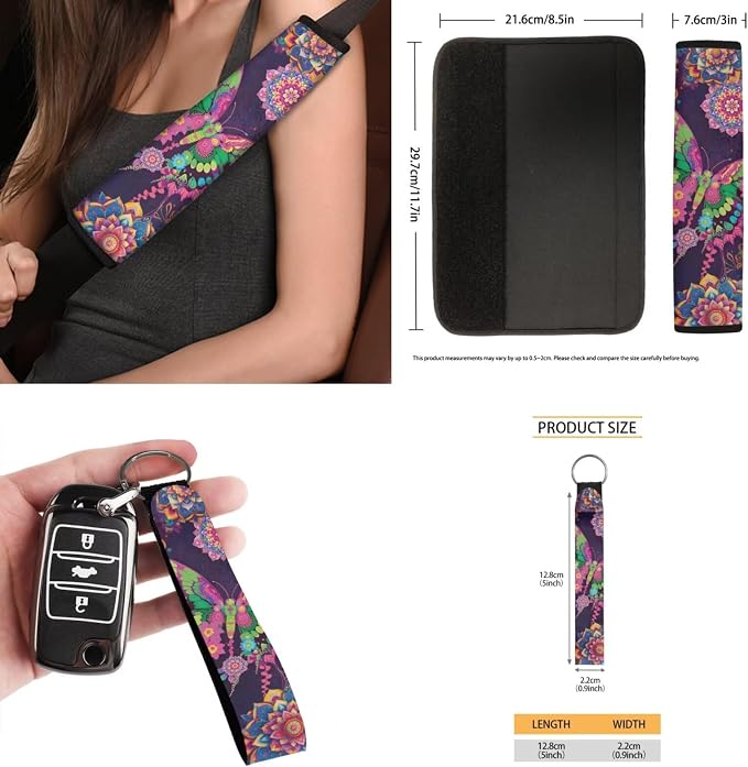 Boho Floral Butterfly Auto Interior Accessories Car Seat Covers with Auto Steering Wheel Cover Seat Belt Covers Car Trash Can View Mirror Cover Coaster Keychains