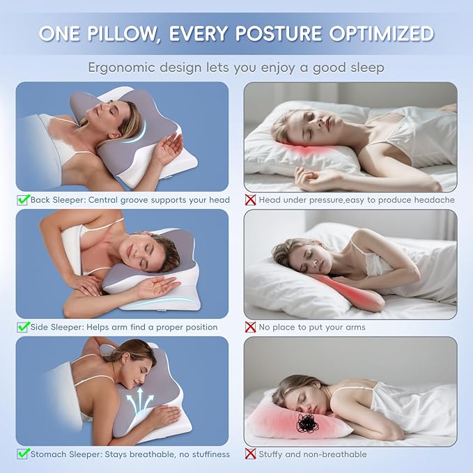 Cervical Neck Pillow, Memory Foam Pillows for Neck & Shoulder Pain Relief, 2 Heights Ergonomic Pillow with Breathable Ice Silk Cover, Neck Support Pillow for Stomach Sleepers Grey
