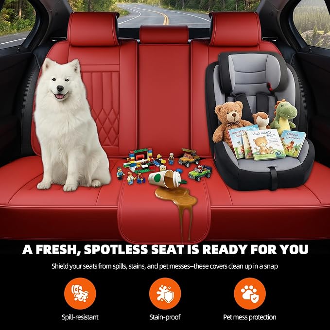 5-Seater Waterproof and Breathable Nappa Leather Car Seat Covers Full Set, Fit for Front and Rear Seats of Cars, Compatible with Airbags, Car Seat Protector Covers for Most Cars - Wine red