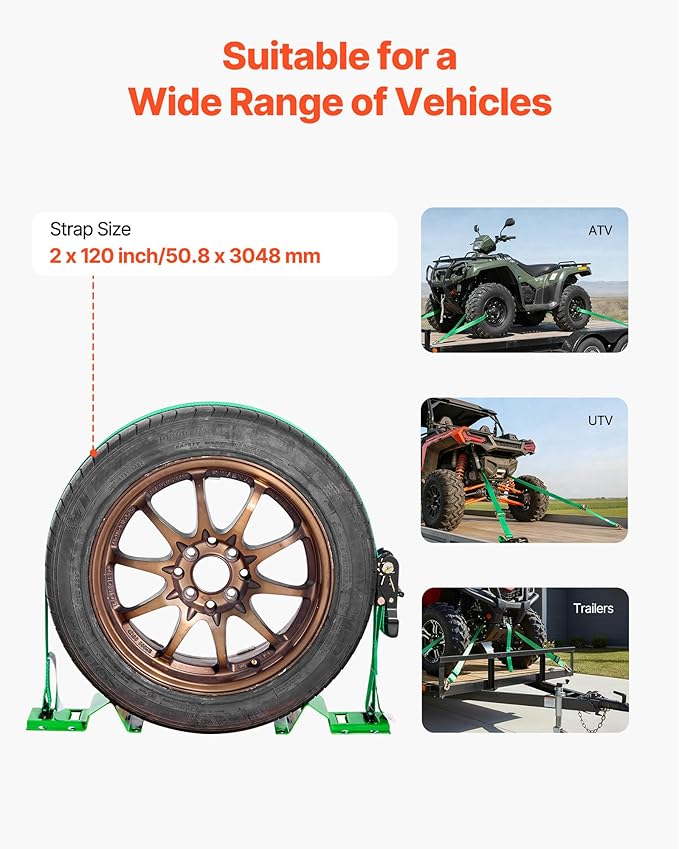 VEVOR Wheel Chock Tie-Down Kit, Chock-Style Trailer Strap, Car Kit with Buckle, Break Strength 4380 lbs & Working Load 1460 lbs Motorcycle Tie-Down System E-Hooks for ATVs, UTVs