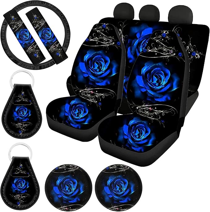 Biyejit Blue Rose Print Car Seat Covers and Steering Wheel Cover Full Set for Women Gilry Universal Front and Rear Bench Back Seat Cover with Seat Belt Strap Cover/Cup Coasters/Auto Keychains