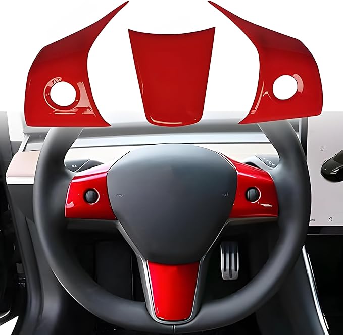 Steering Wheel Trim Cover with Gear Shift Cover for Tesla Model 3 Model Y Decorative Accessories 5Pcs (Red)