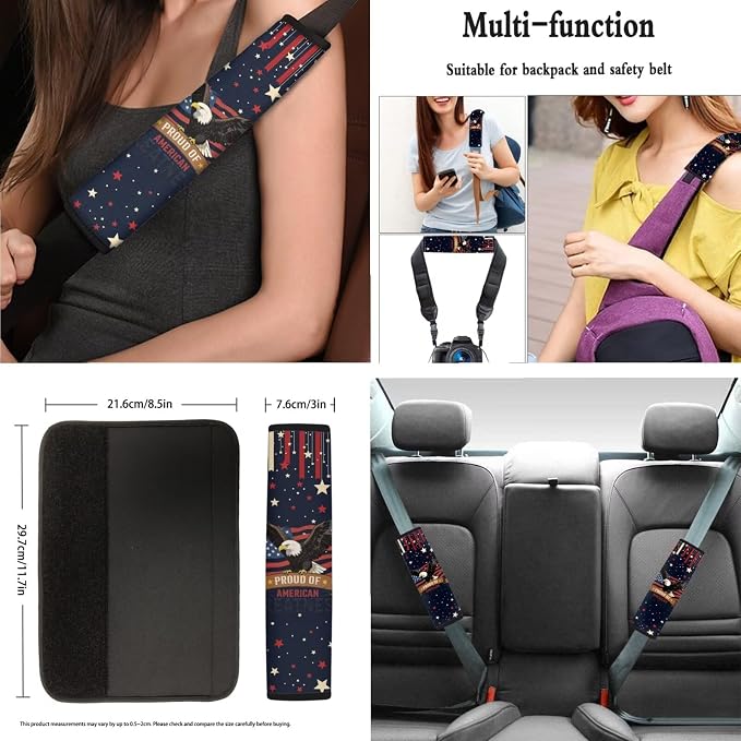 AFPANQZ Proud of American Print Car Seat Covers Full Set of 11 Pcs with Steering Wheel Cover Gear Shift Knob Cover+Auto Handbrake Cover+Seat Belt Strap Pads+Car Coaster