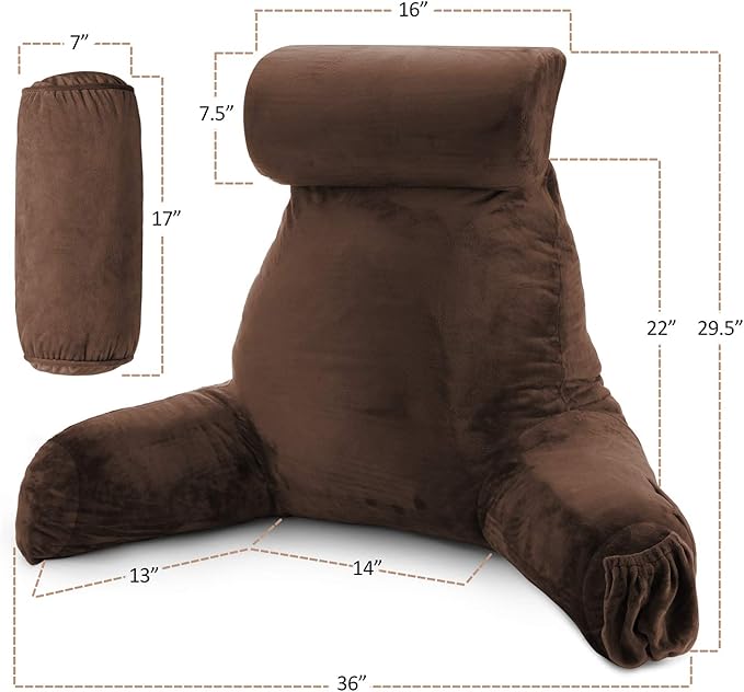 Nestl Reading Pillow with Shredded Memory Foam Includes 2 Neck and Lumber Support Pillows, Designed for Sitting Up in Bed and Couch, Back and Arms Adjustable Support for Adult & Teens, Chocolate Brown