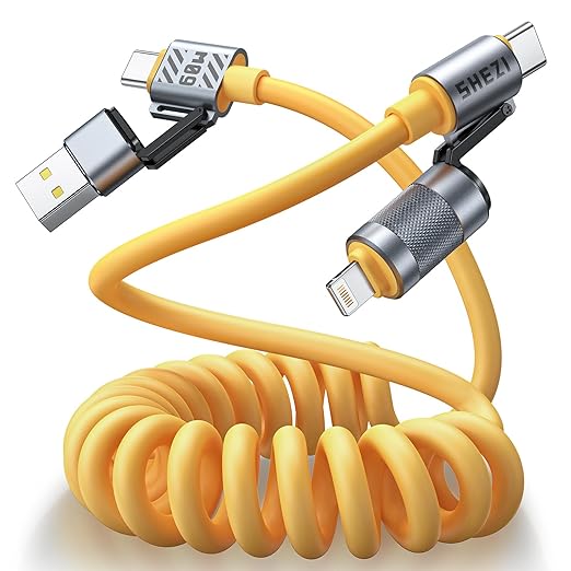 4-in-1 Coiled USB C Cable Light-ning Cable for Car [60W Fast Charging&Data Transfer] [CarPlay&Android Auto] Multi Charger Cord with Light-ning/Type C/USB A Multiple Ports for iPhone/iPad, 5ft