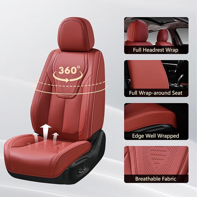 FLORICH Car Seat Cover Full Set, Red Automotive Seat Covers, Luxury Faux Nappa Leather Car Seat Protectors, Car Seat Cushions Universal Fit for Most Sedans SUVs Trucks - Red