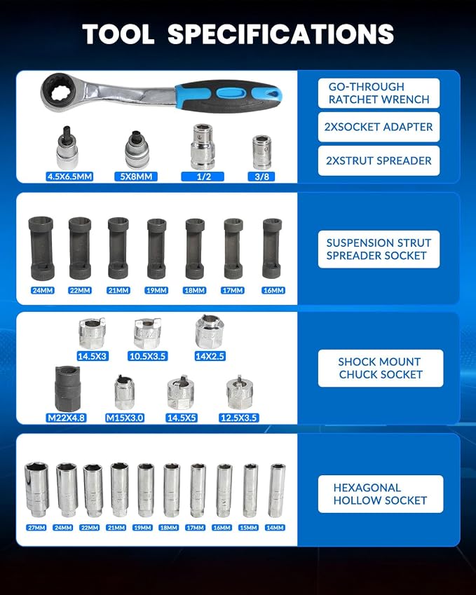 DPTOOL 60pc Shock Absorber Tool Shock Absorber Strut Nut Removal Fixed Kit Steering Hub Suspension Strut Spreader Remove Socket with Ratchet Adaptors