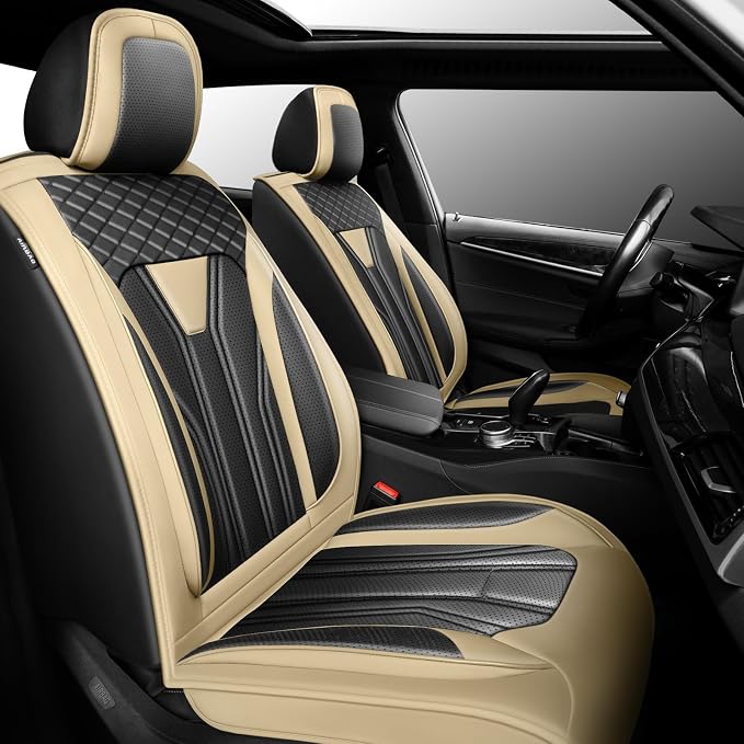 Fit Colorado Car Seat Covers Premium Leather for Chevrolet/Chevy Colorado 2016-2026. Waterproof， Breathable, Scratch-Resistant & All-Weather Seat Cushion Protector (2 Front Seat, Beige&Black)