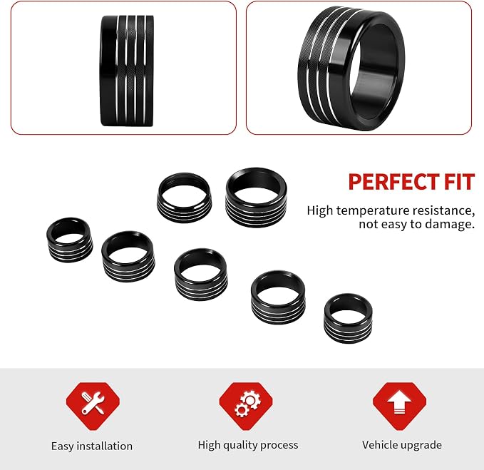 Jimen for Ram Center Console Knob Covers, 7PCS AC Air Conditioner Audio Volume Button & Headlight Switch & 4WD Shifter Knob Ring Trim Fit for Dodge Ram 2018-2025 (Black)