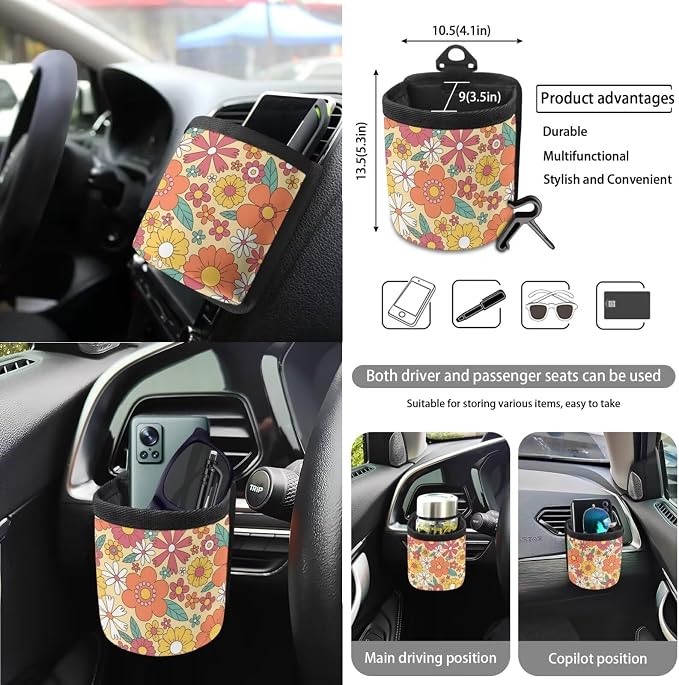 Wanyint Hippie Flower 15 Pack Car Seat Cover Set with Steering Wheel Cover Seat Belt Strap Cover Garbage Cans Air Vent Pouch Rearview Mirror Cover Cup Coasters Keychain Fit for SUV Trucks Vans Sedans