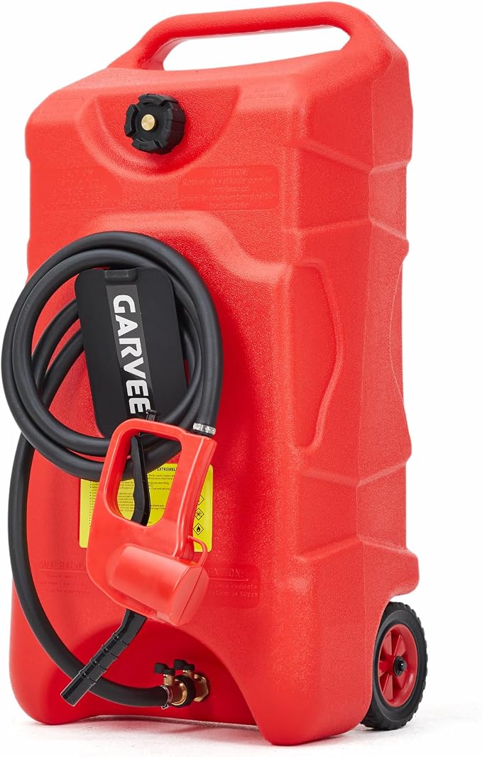 Garvee 16 Gallon Gas Can with Manual Pump, Fuel Tank Container with LE Fluid 10 FT Transfer Siphon Pump, Portable Diesel Gas Storage Caddy On Wheels for Car, ATV, Weeder, Boat, Tractor, Generator