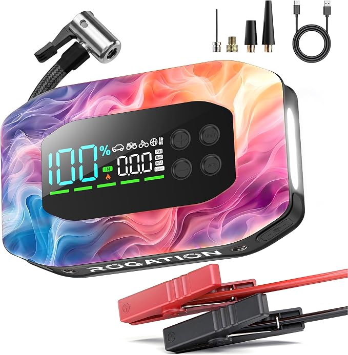 2000A Jump Starter with Air Compressor, Portable Car Battery Jump Starter, 12V Booster for Gas/Diesel Engines, 150PSI Tire Inflator 10000ma/h 33W Bidirectional Fast Charging Power Bank-Black