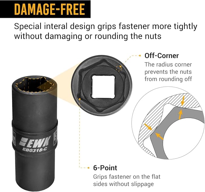 EWK 1/2 in Drive Thin Wall Flip Lug Nut Impact Socket Set, 8-in-4 Metric & SAE Flip Sockets 17mm 19mm 21mm 22mm 3/4", 13/16", 7/8", 15/16" with 3" Extension Bar for Wheel & Tire Service