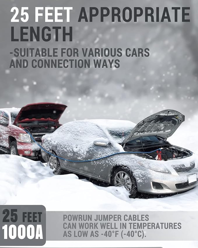 Powrun P025 Jumper Cables for 12/24V Car Battery, 1000A Heavy Duty Booster Cables with Carrying Bag, Jumper Cables Kit for Vehicles with up to 8.0 L Gas and 6.0L Diesel Engines