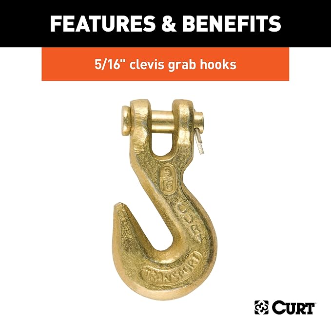 CURT 80305 14-Foot Trailer Safety Transport Tie-Down Load Binder Chain, 5/16-Inch Clevis Hooks, 18,800 lbs. Break Strength