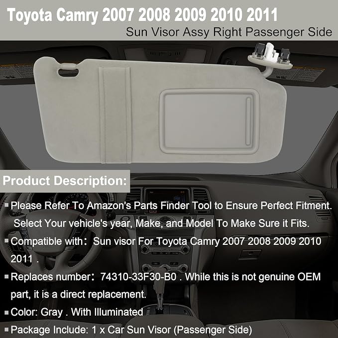 NHILES Right Passenger Side Sun Visor Fits for Toyota Camry 2007 2008 2009 2010 2011 Replacement Sun Shade with Light # 74310-33F30-B0 (Gray)