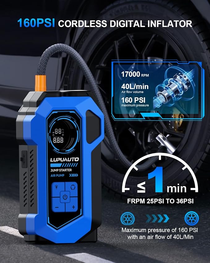 4000A Jump Starter with 160PSI Air Compressor for 10L Gas/8.5L Diesel | Smart LCD Display, Fast-Charging Power Bank, 500LM Multi-Mode Torch