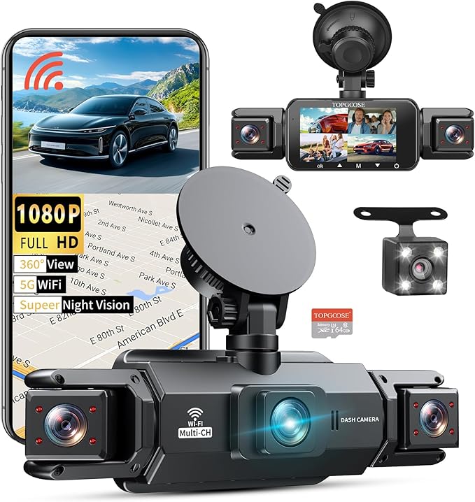 360° Dash Cam 4 Channel 5G WiFi & APP Control, Free 64GB Card, TOPGOOSE 2K FHD Front and Rear Inside, Left Right Dash Camera for Cars, G-Sensor, Loop Recording, 24H Parking Mode