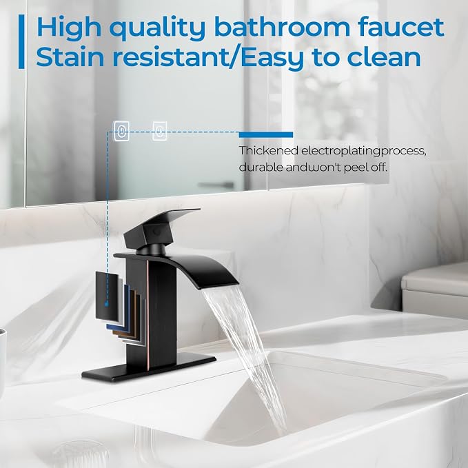 ORB Bathroom Faucets, Waterfall Bathroom Sink Faucet Modern Single Handle Bathroom Faucte 1 or 3 Hole, RV Mixer Tap Vanity Faucet - Includes Pop-up Drain Supply Hoses Deck Plate