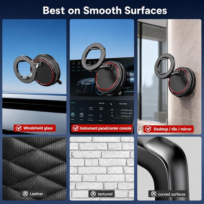 Magnetic Car Phone Holder Mount, Compatible with MagSafe, 108LBS Vacuum Suction Car Mount, 3000gf Magnetic Hold, 360° Adjustable Foldable Dashboard Windshield Phone Mount for iPhone 17-12 & Android