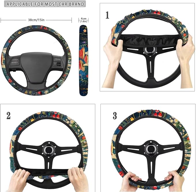 POLERO Starry Night Mushroom Seat Cover Set for Cars Cottagecore Floral Car Interior Accessories with Steering Wheel Cover Cute Keyrings, 11 Pcs