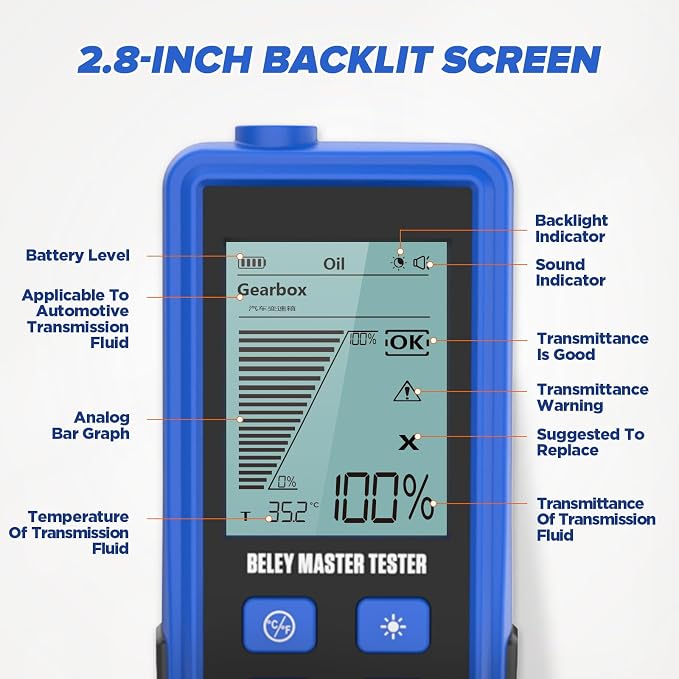 PLAYOCCAR Transmission Fluid Tester Automotive Digital Oil Quality Test Detector Gasoline & Diesel Gearbox Oil Diagnostic Tool with Temperature Sensor,31.5in Hose 2.8in Backlight Display